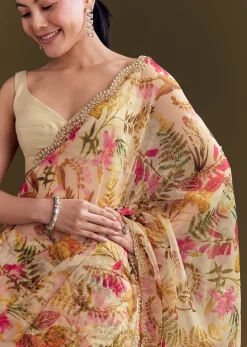 Beige Organza Saree With Beaded Border And Floral Print