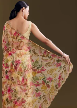Beige Organza Saree With Beaded Border And Floral Print