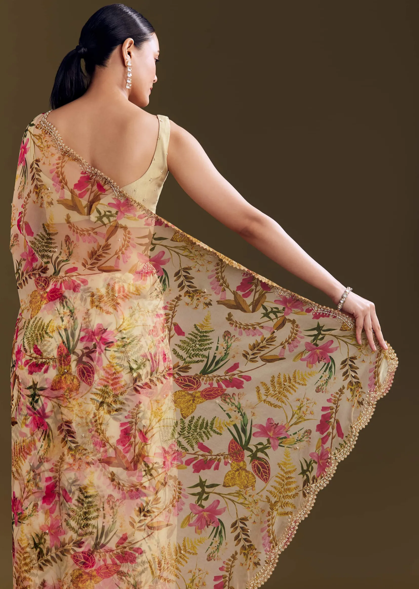 Beige Organza Saree With Beaded Border And Floral Print