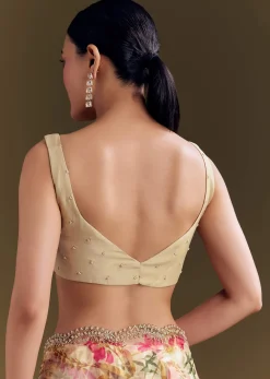 Beige Organza Saree With Beaded Border And Floral Print