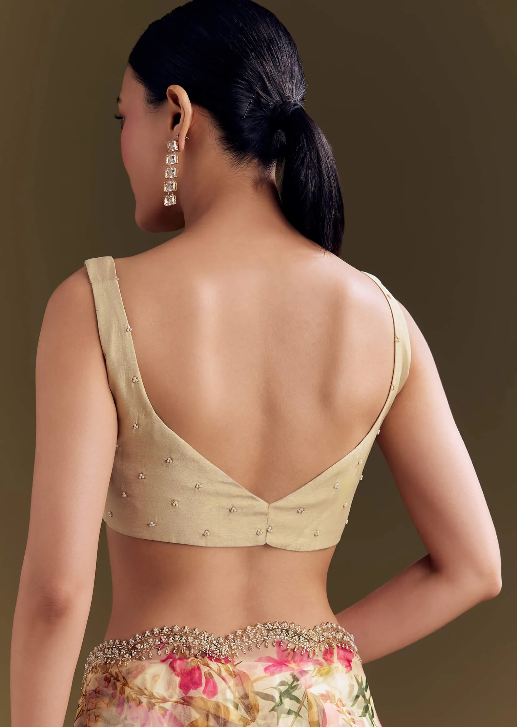 Beige Organza Saree With Beaded Border And Floral Print