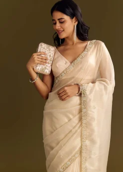 Beige Organza Tissue Saree With Cutdana And Beads Scallop Border