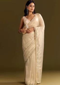Beige Organza Tissue Saree With Cutdana And Beads Scallop Border