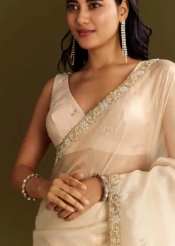 Beige Organza Tissue Saree With Cutdana And Beads Scallop Border