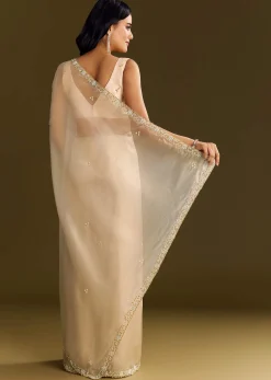 Beige Organza Tissue Saree With Cutdana And Beads Scallop Border