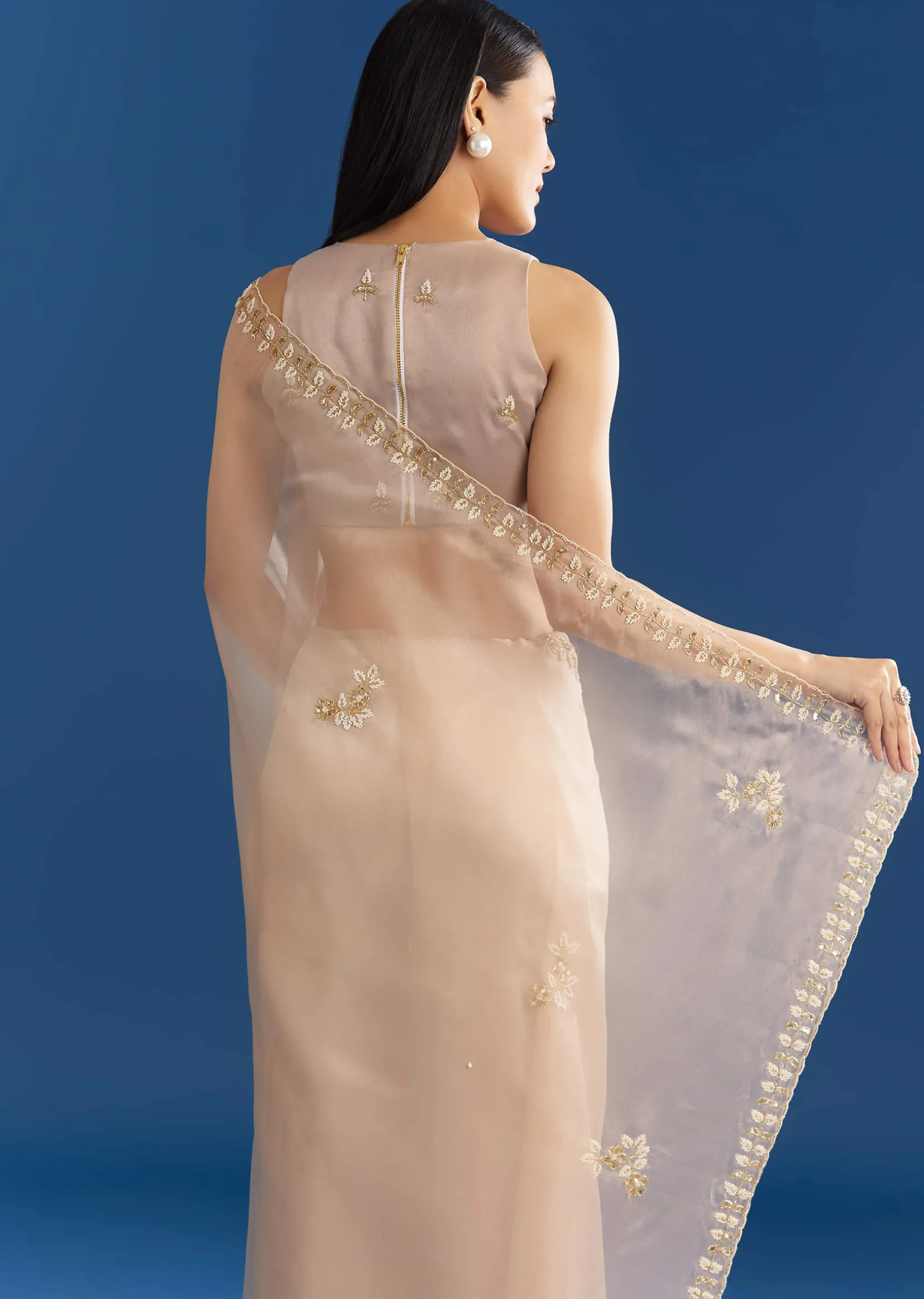 Beige Organza Tissue Saree With Cutdana Detailing
