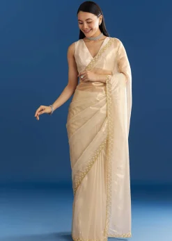 Beige Organza Tissue Saree With Embroidered Scallop