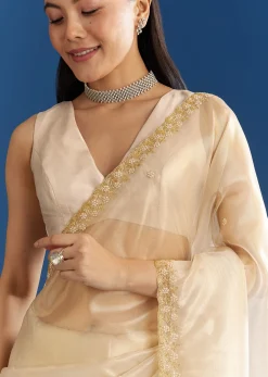 Beige Organza Tissue Saree With Embroidered Scallop