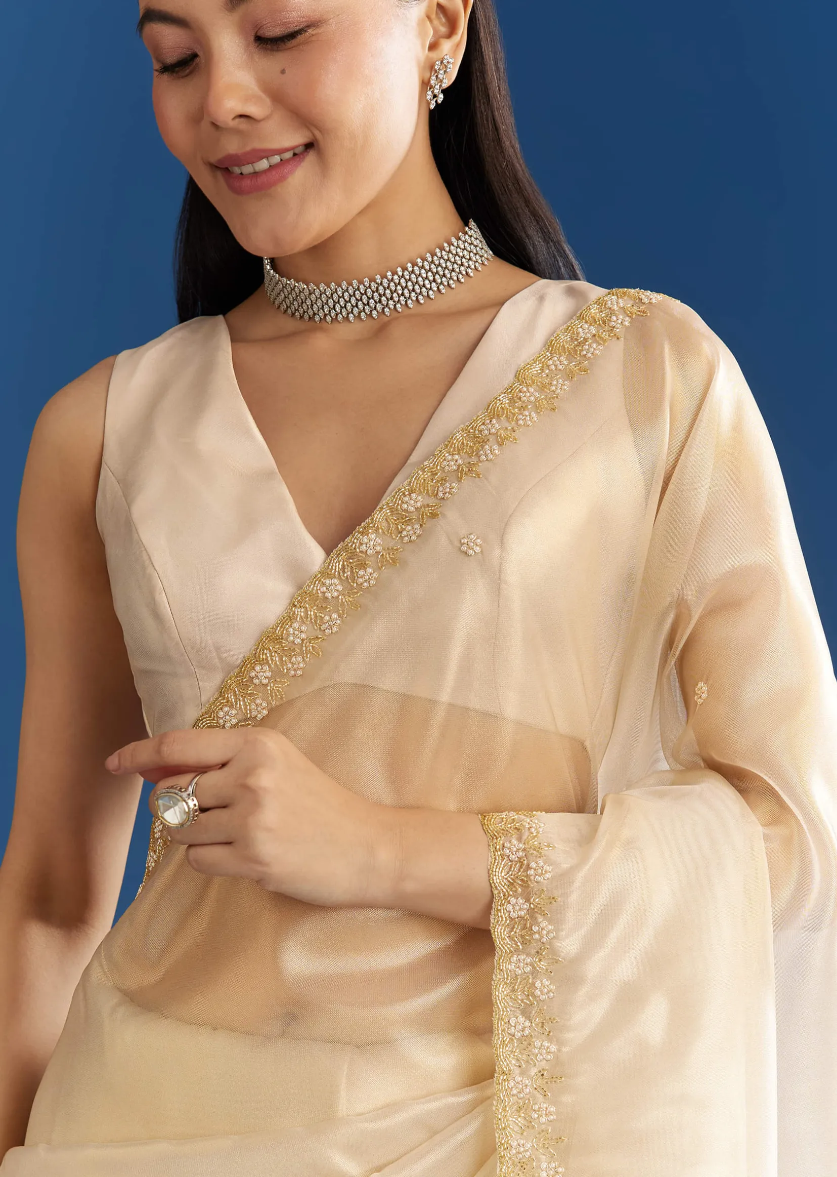 Beige Organza Tissue Saree With Embroidered Scallop