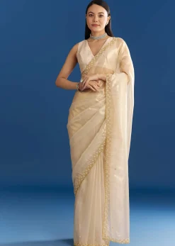 Beige Organza Tissue Saree With Embroidered Scallop