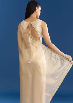 Beige Organza Tissue Saree With Embroidered Scallop