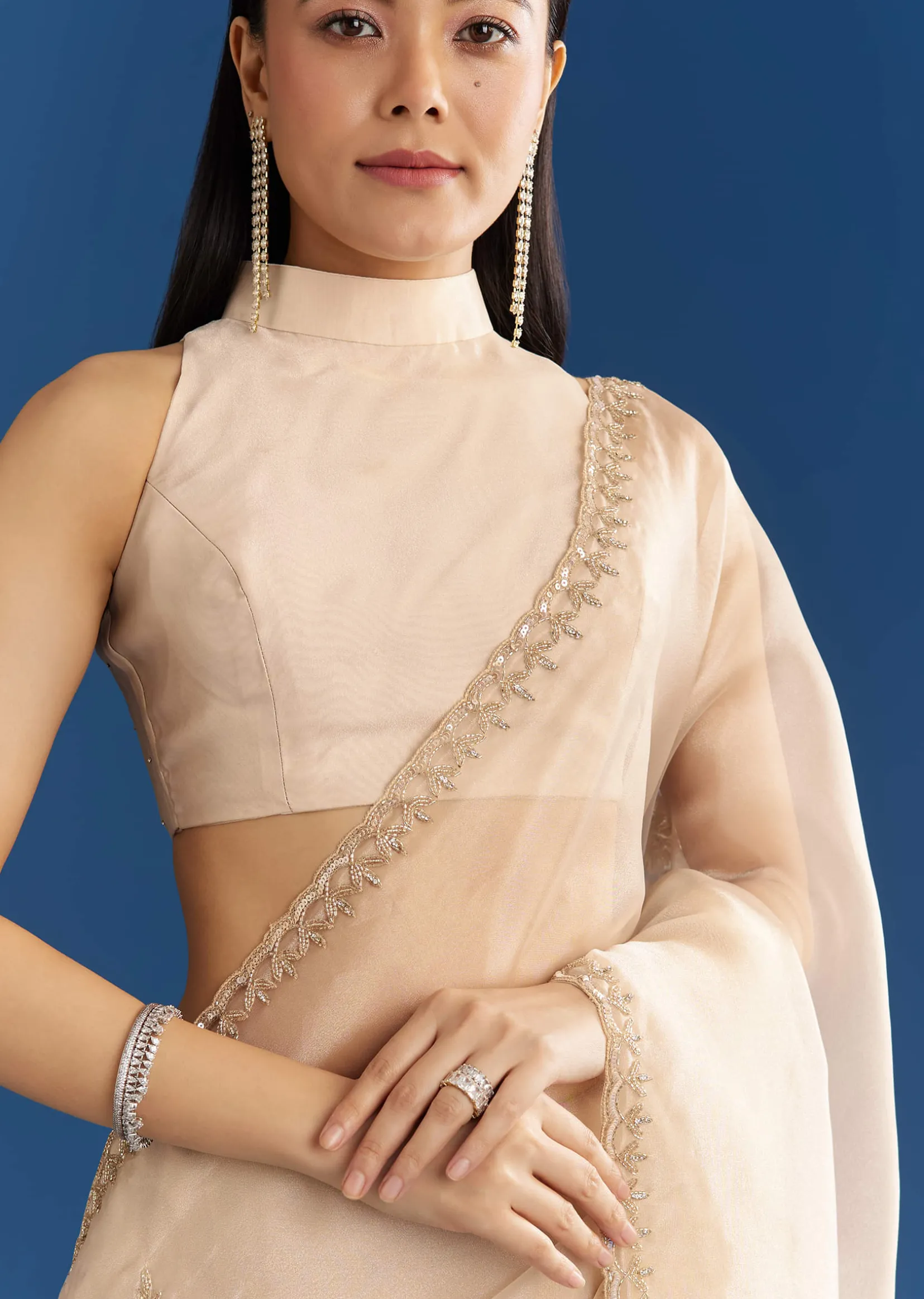 Beige Organza Tissue Saree With Delicate Embellished Edge