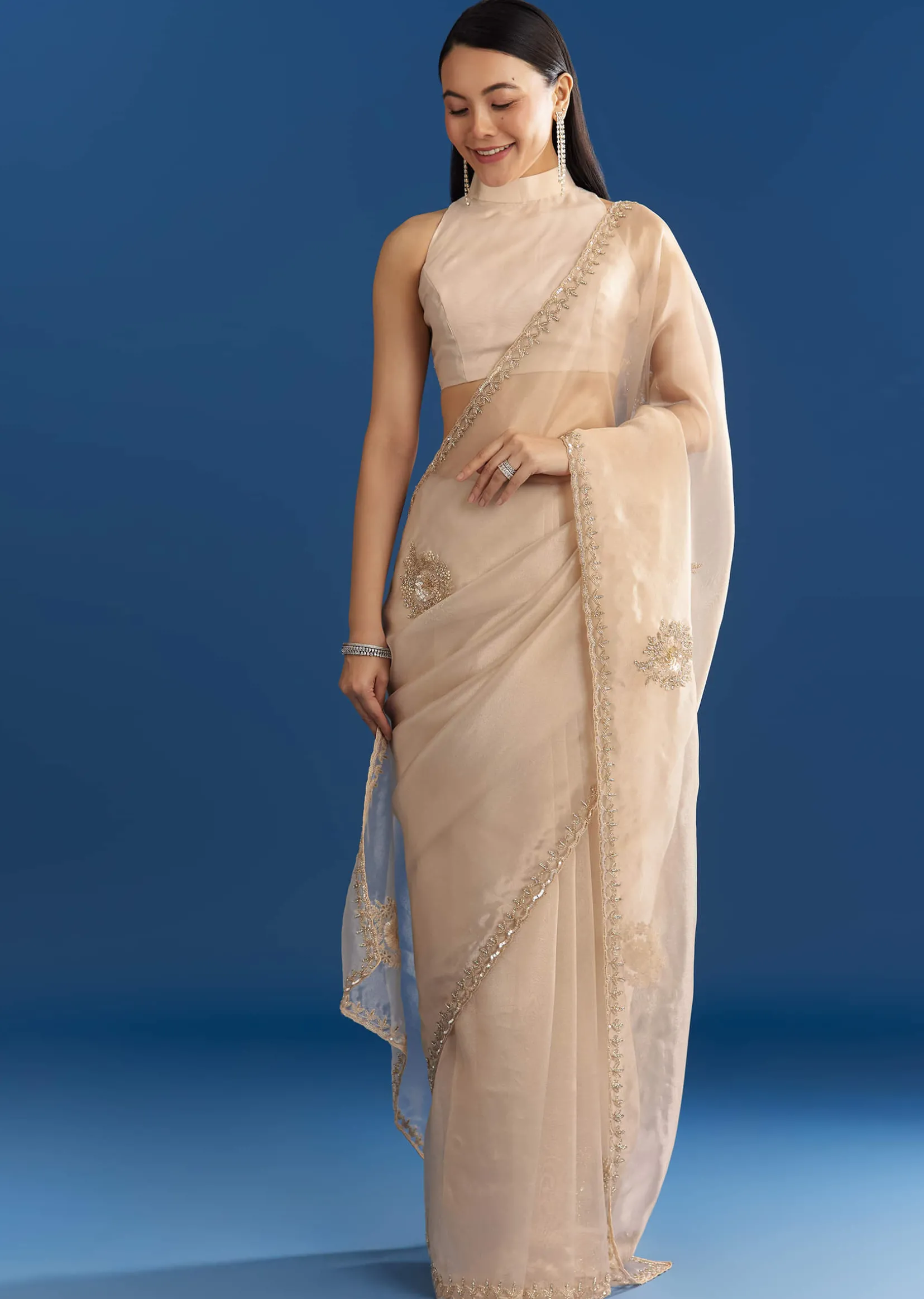 Beige Organza Tissue Saree With Delicate Embellished Edge