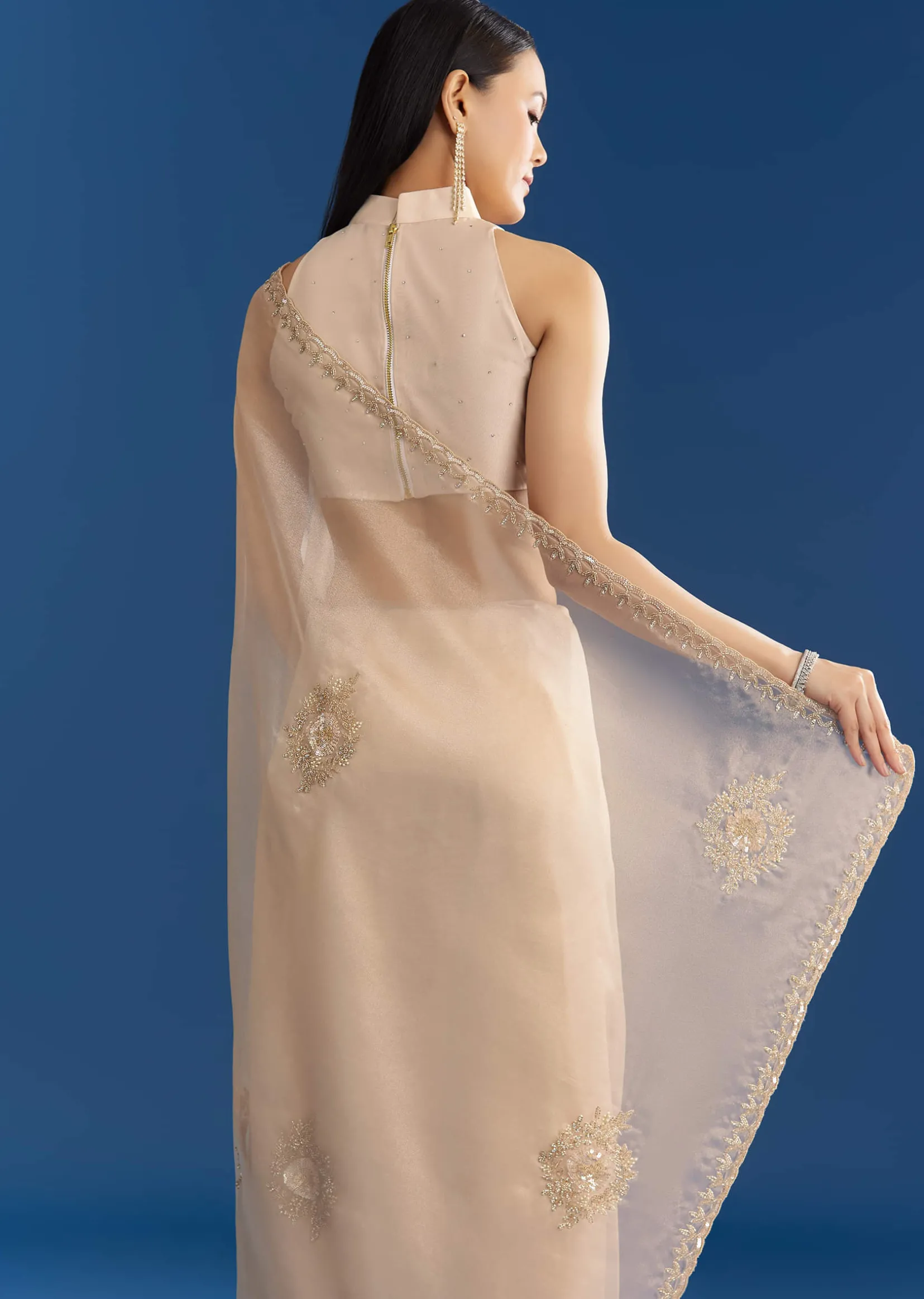 Beige Organza Tissue Saree With Delicate Embellished Edge