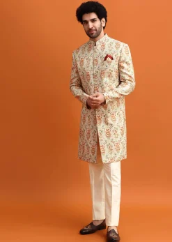 Beige Paisely Printed Sherwani With Resham Work For Men