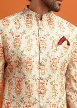 Beige Paisely Printed Sherwani With Resham Work For Men