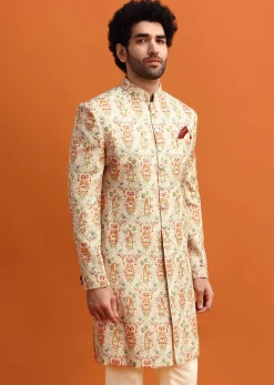 Beige Paisely Printed Sherwani With Resham Work For Men