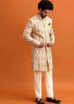 Beige Paisely Printed Sherwani With Resham Work For Men