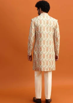 Beige Paisely Printed Sherwani With Resham Work For Men