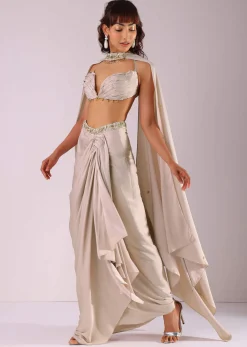 Beige Pleated Skirt And Top With Embroidered Choker Dupatta