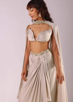 Beige Pleated Skirt And Top With Embroidered Choker Dupatta