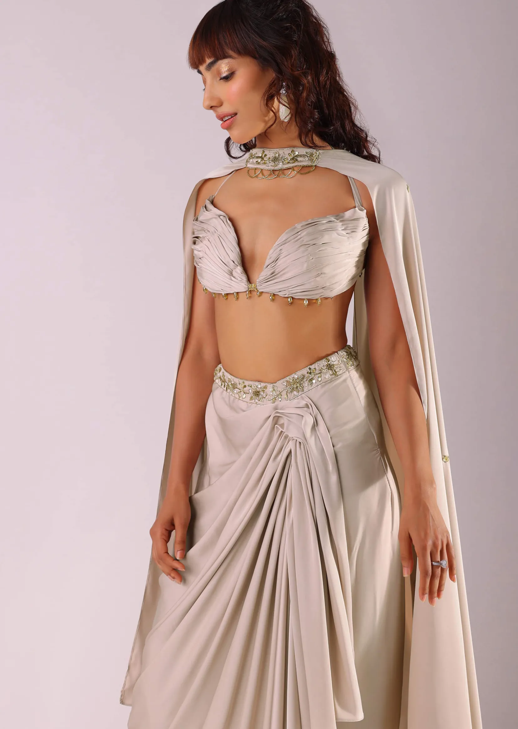 Beige Pleated Skirt And Top With Embroidered Choker Dupatta