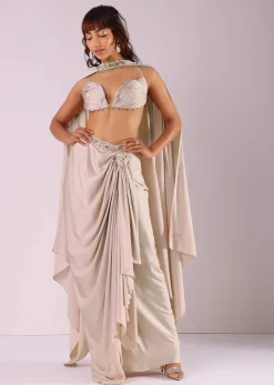 Beige Pleated Skirt And Top With Embroidered Choker Dupatta