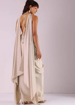 Beige Pleated Skirt And Top With Embroidered Choker Dupatta