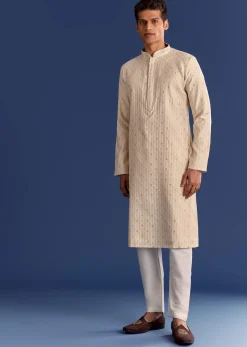 Beige Printed Benaras Jacquard Kurta Set