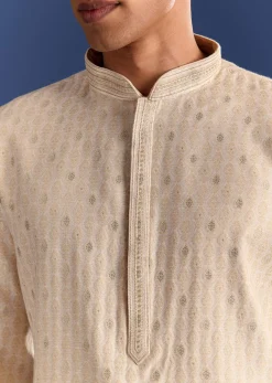 Beige Printed Benaras Jacquard Kurta Set
