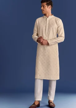 Beige Printed Benaras Jacquard Kurta Set