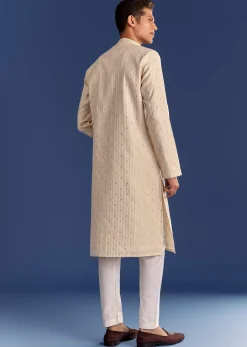 Beige Printed Benaras Jacquard Kurta Set