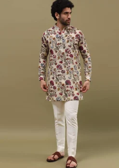 Beige Printed Kurta Set For Men