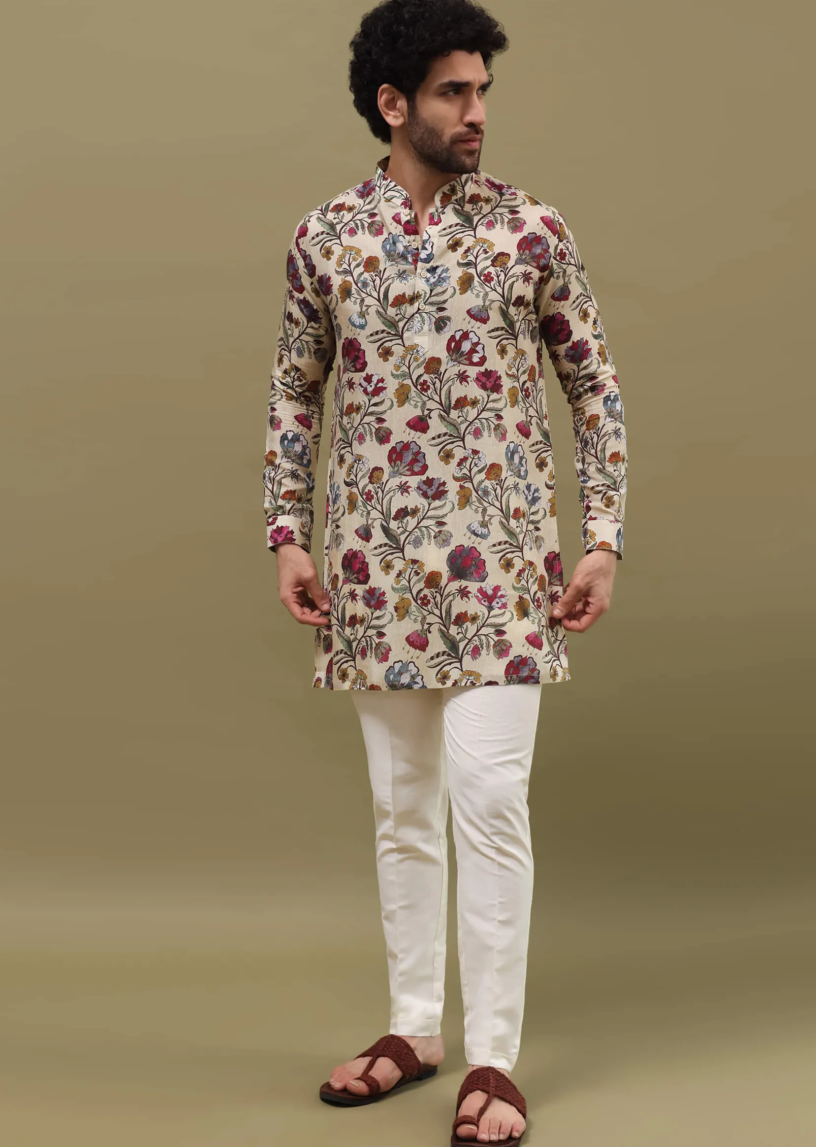 Beige Printed Kurta Set For Men