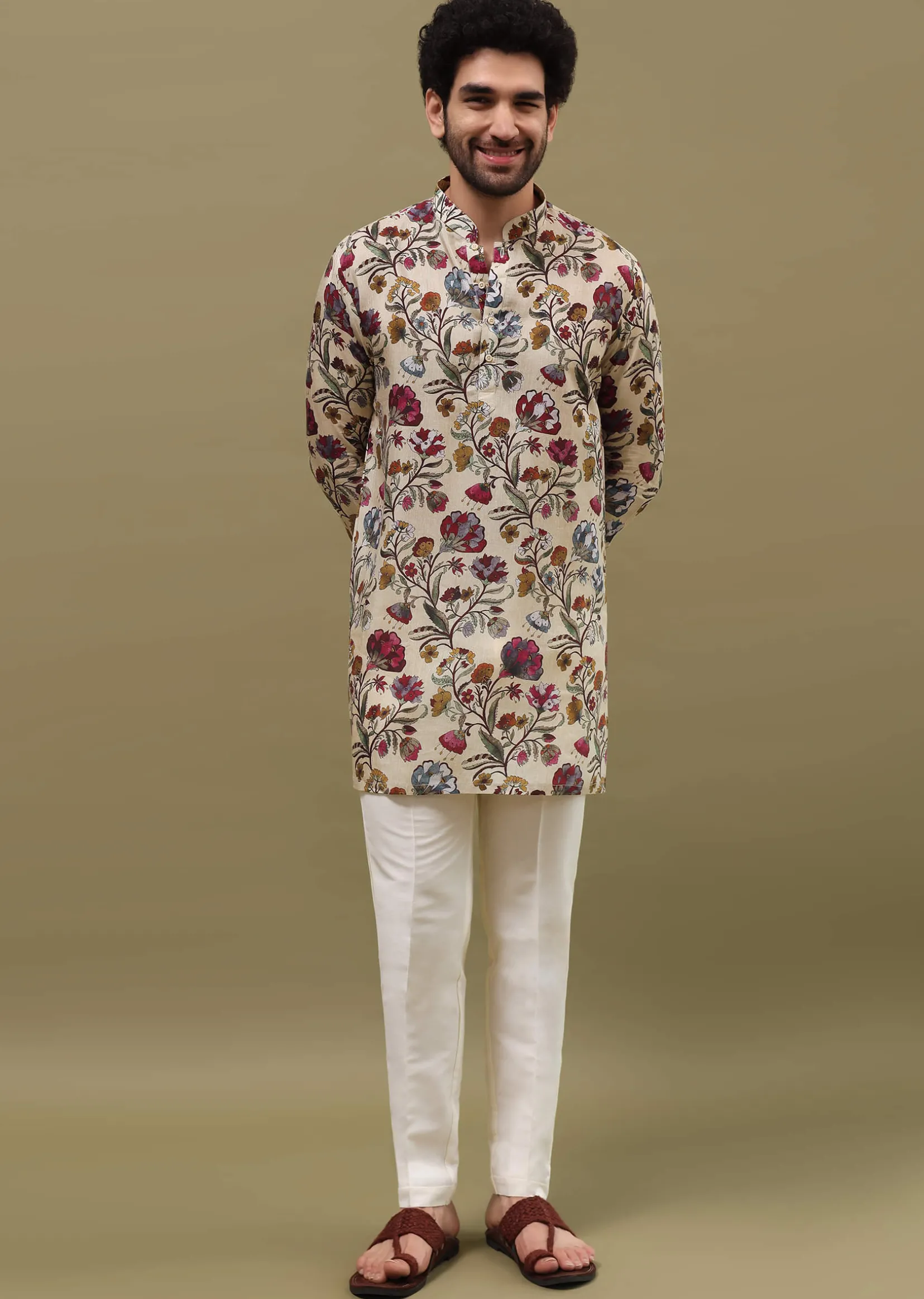 Beige Printed Kurta Set For Men