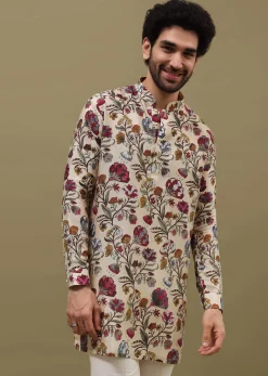 Beige Printed Kurta Set For Men
