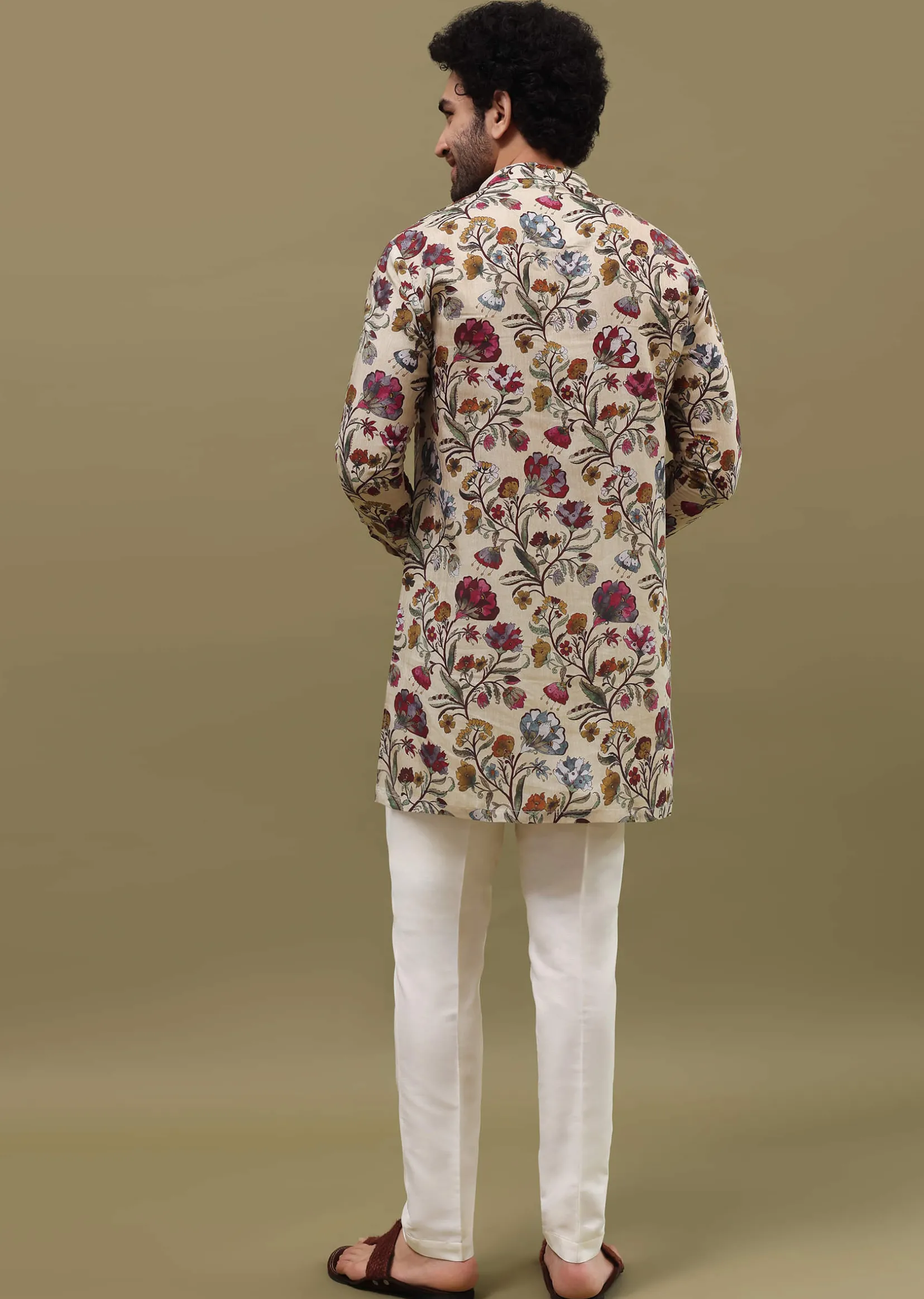 Beige Printed Kurta Set For Men