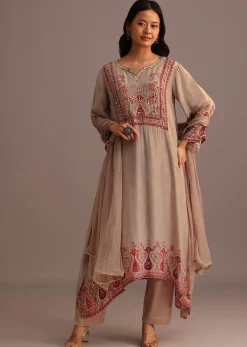 Beige Printed Kurti Pant Set With Chiffon Dupatta