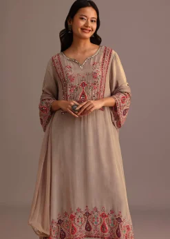 Beige Printed Kurti Pant Set With Chiffon Dupatta