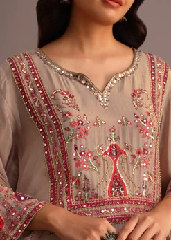 Beige Printed Kurti Pant Set With Chiffon Dupatta