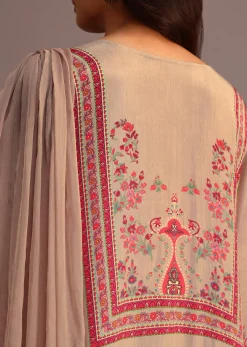 Beige Printed Kurti Pant Set With Chiffon Dupatta