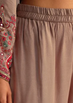 Beige Printed Kurti Pant Set With Chiffon Dupatta