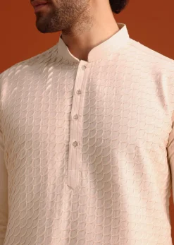 Beige Quilted Kurta Set In Blended Silk