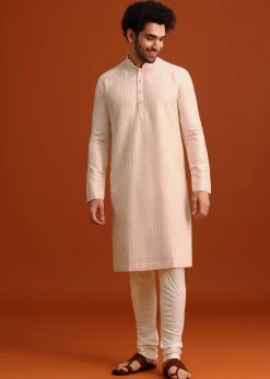 Beige Quilted Kurta Set In Blended Silk