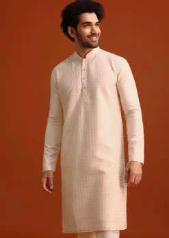 Beige Quilted Kurta Set In Blended Silk