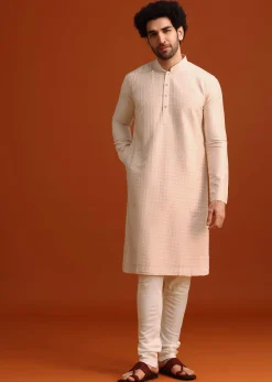 Beige Quilted Kurta Set In Blended Silk