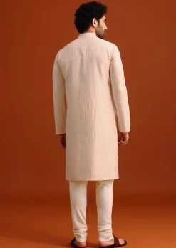 Beige Quilted Kurta Set In Blended Silk