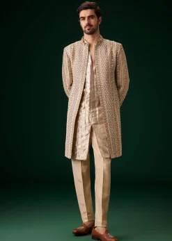 Beige Raw Silk Indowestern Sherwani Set