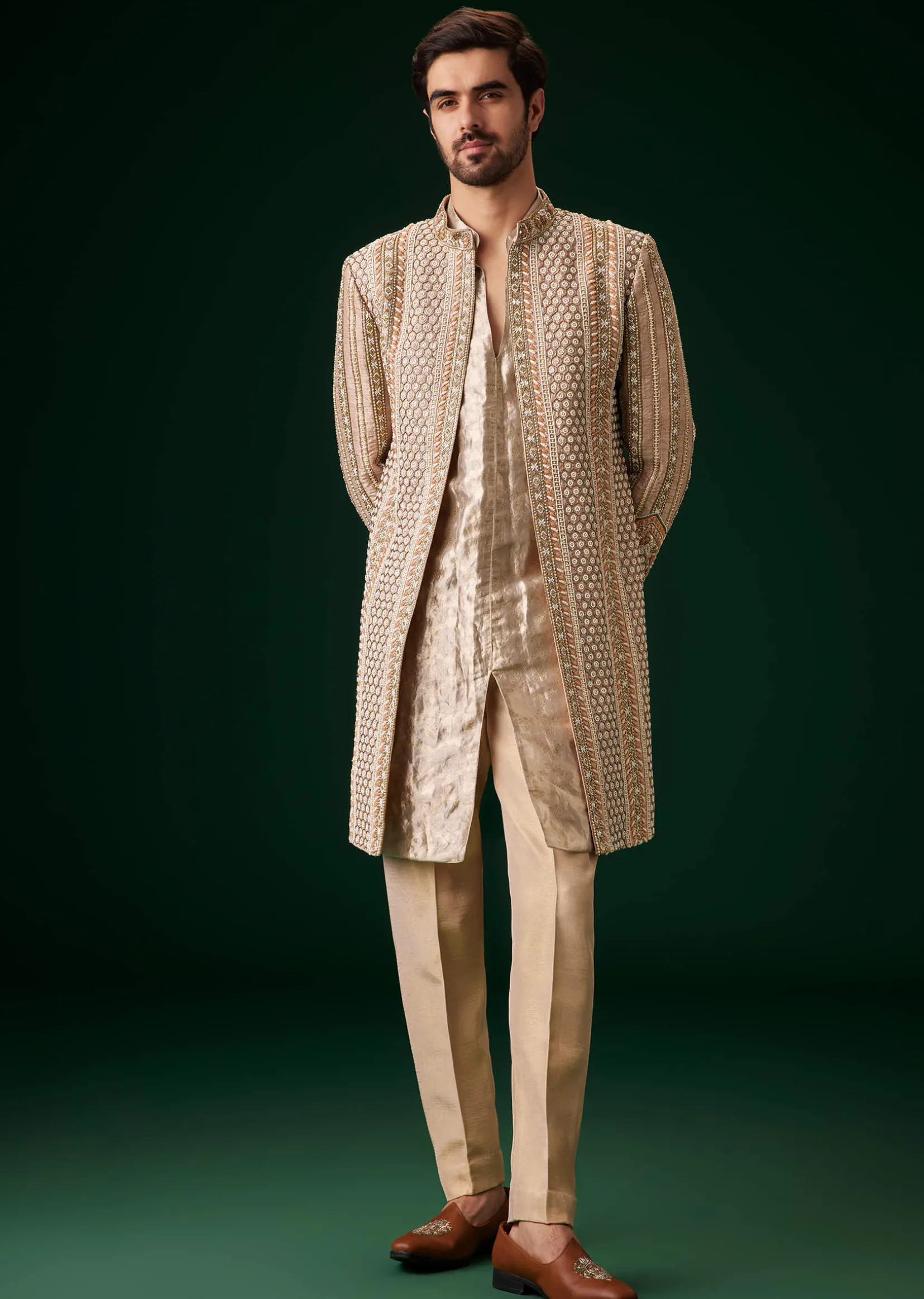 Beige Raw Silk Indowestern Sherwani Set