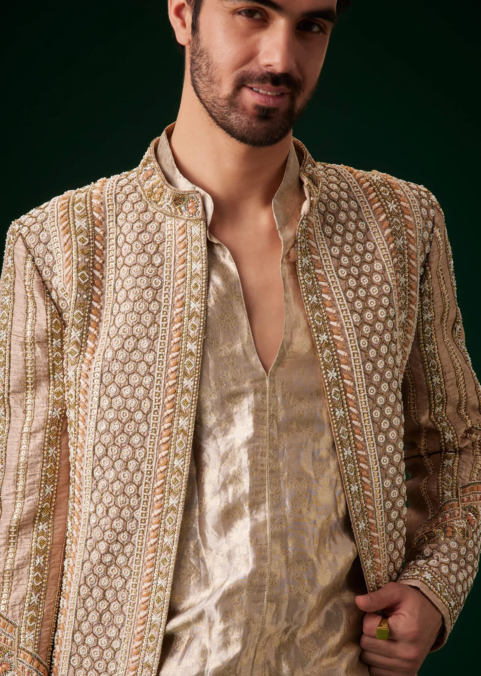 Beige Raw Silk Indowestern Sherwani Set